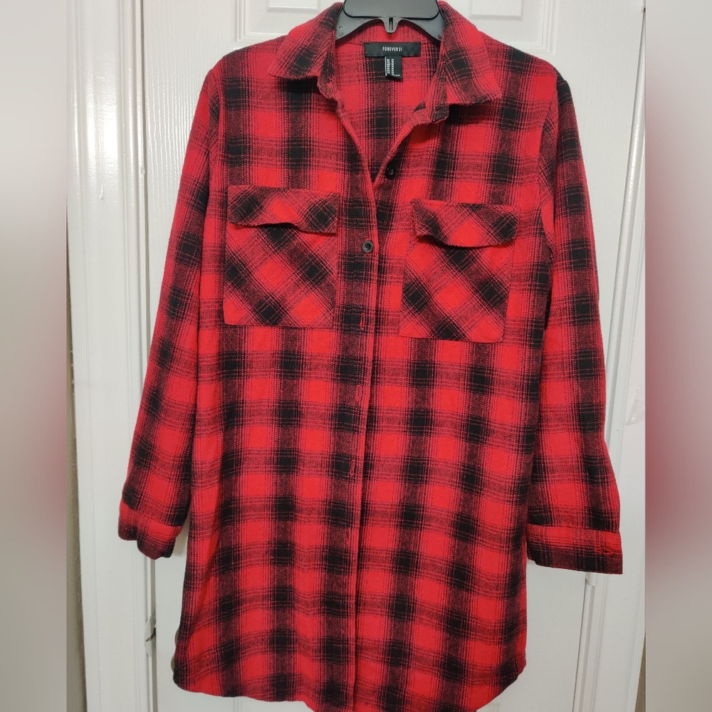 Red and Black Plaid Button-Up Shirt Jacket